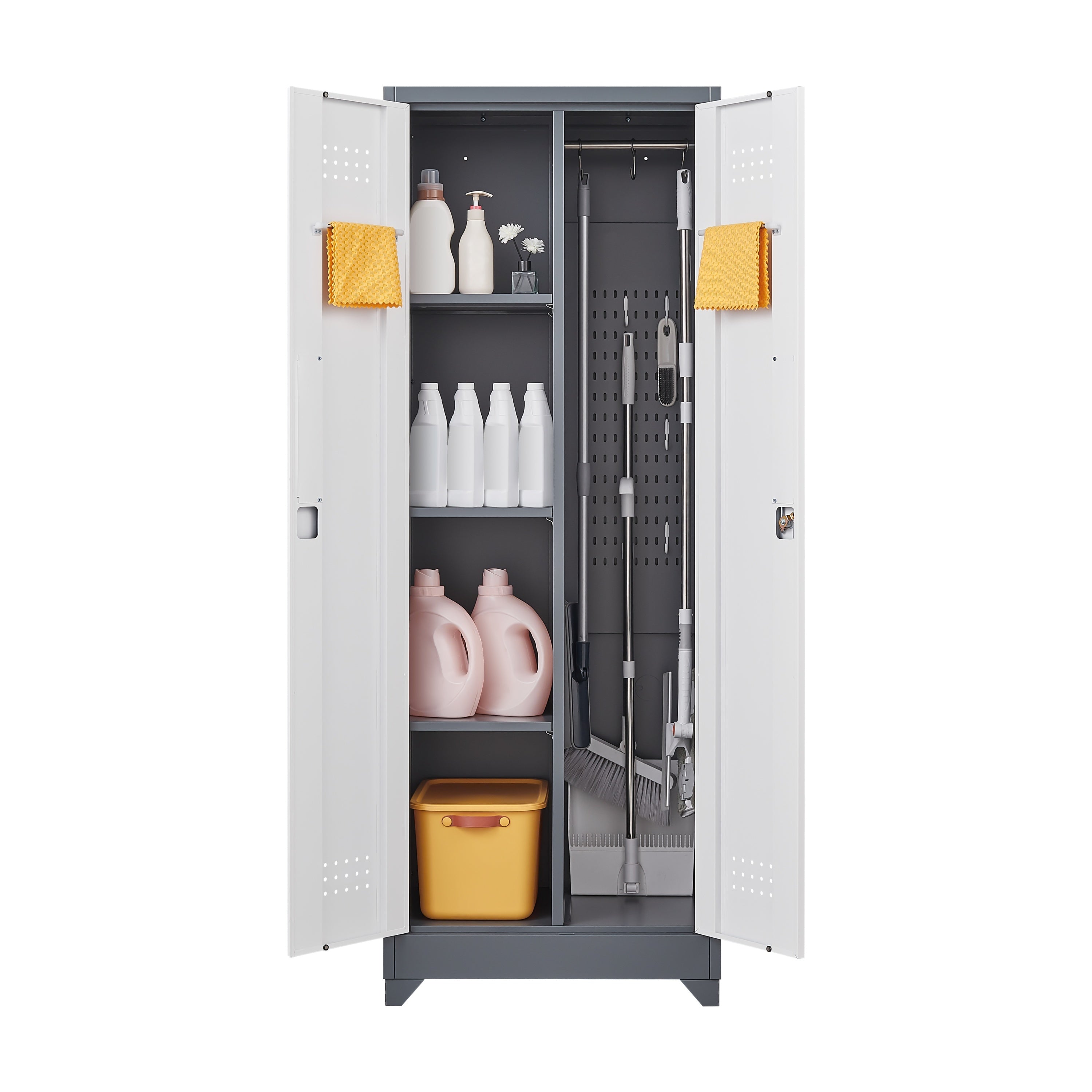Heavy Duty Grey Metal Storage Cabinet with Locking Doors, Hanging Rod & Shelves, 65' H Broom Closet for Garage or Basement | 