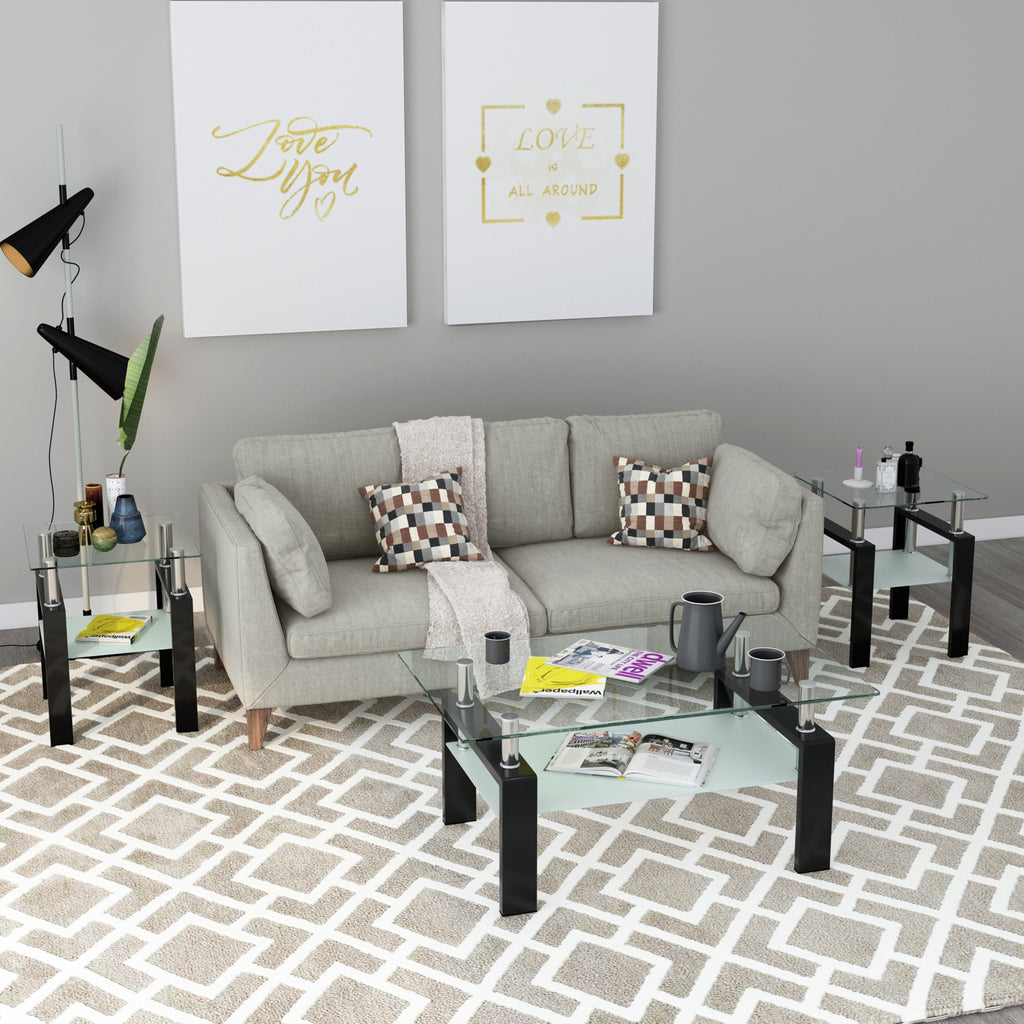 Modern Tempered Glass Tea Coffee End Table Set of 2, Transparent/Black, Metal Legs, Square Design - Grand Goldman Shop