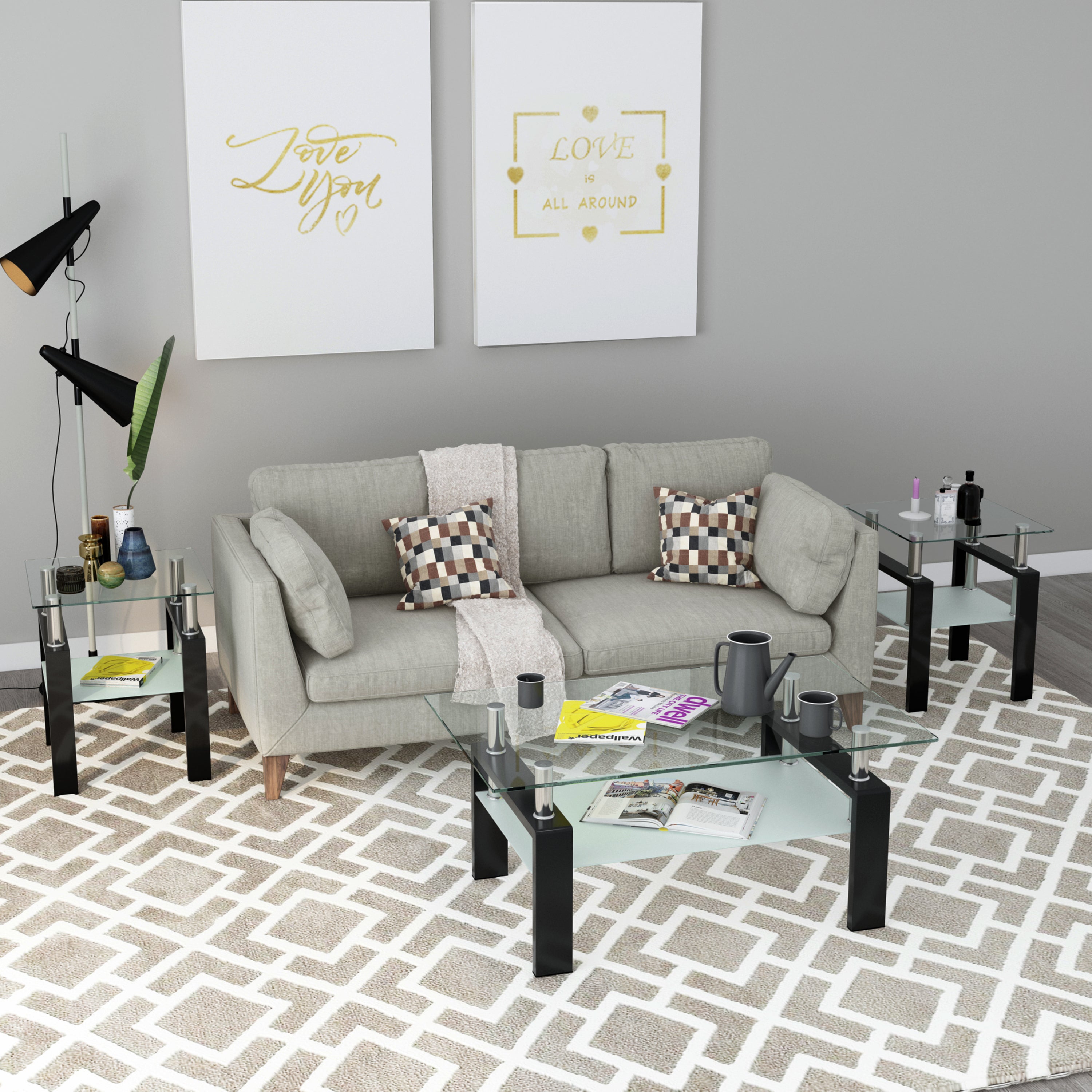 Modern Tempered Glass Tea Coffee End Table Set of 2, Transparent/Black, Metal Legs, Square Design - Grand Goldman Shop