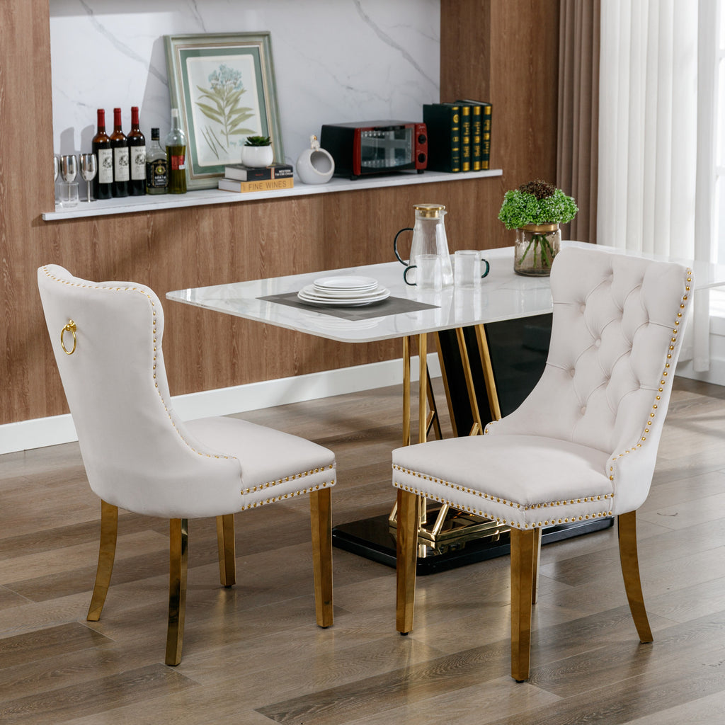A&A Furniture,Nikki Collection Modern, High-end Tufted Solid Wood Contemporary Velvet Upholstered Dining Chair with Golden Stainless Steel Plating Legs,Nailhead Trim,Set of 2,Beige and Gold, SW1601BG - Grand Goldman Shop