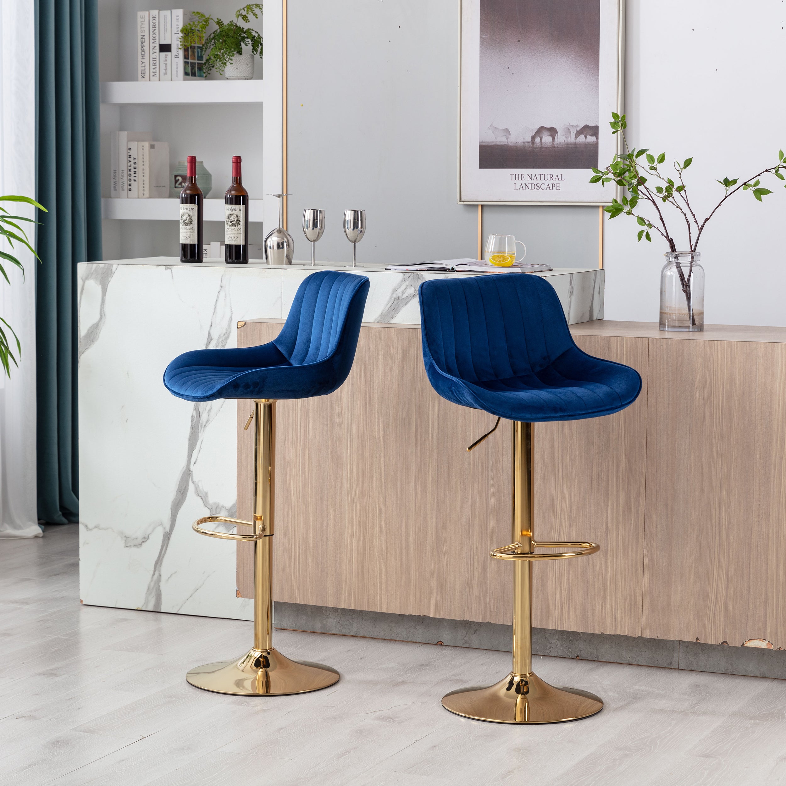 Chrome Footrest and Base Swivel Height Adjustable Mechanical Lifting Velvet + Golden Leg Simple Bar Stool,Set of 2,Navy - Grand Goldman Shop