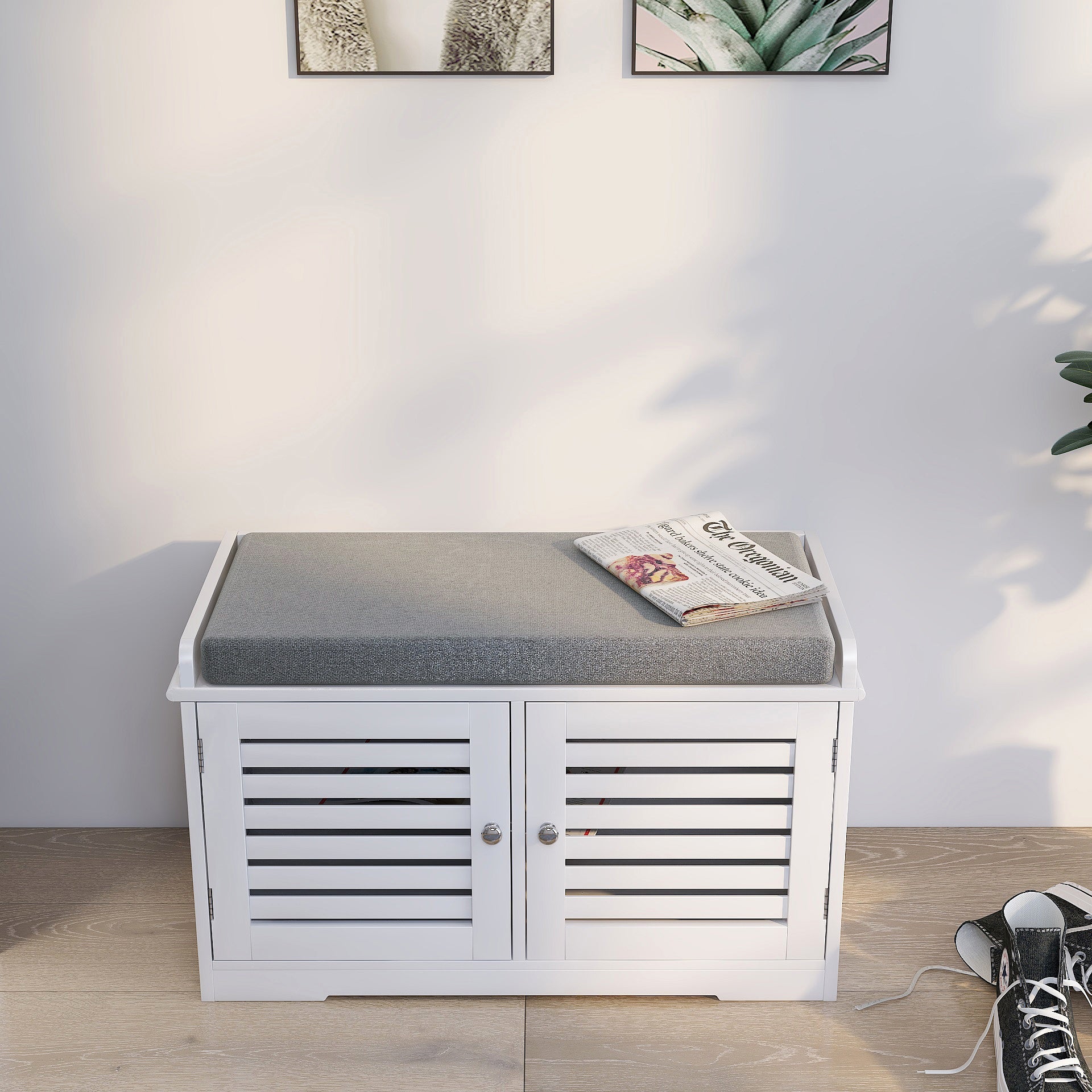 Shoe Storage Bench with Padded Seat Cushion, Entryway Bench with 2 Barn Doors-White - Grand Goldman Shop