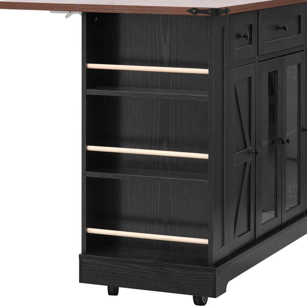 K&K 53'' Farmhouse Kitchen Island with Two Tempered Glass Cabinet Doors, Power Outlet, Rolling Kitchen Cart on Wheels with Drop Leaf, 5 Open Side Racks, 3 Drawers, for Kitchen, Dining Room, Black - Grand Goldman Shop