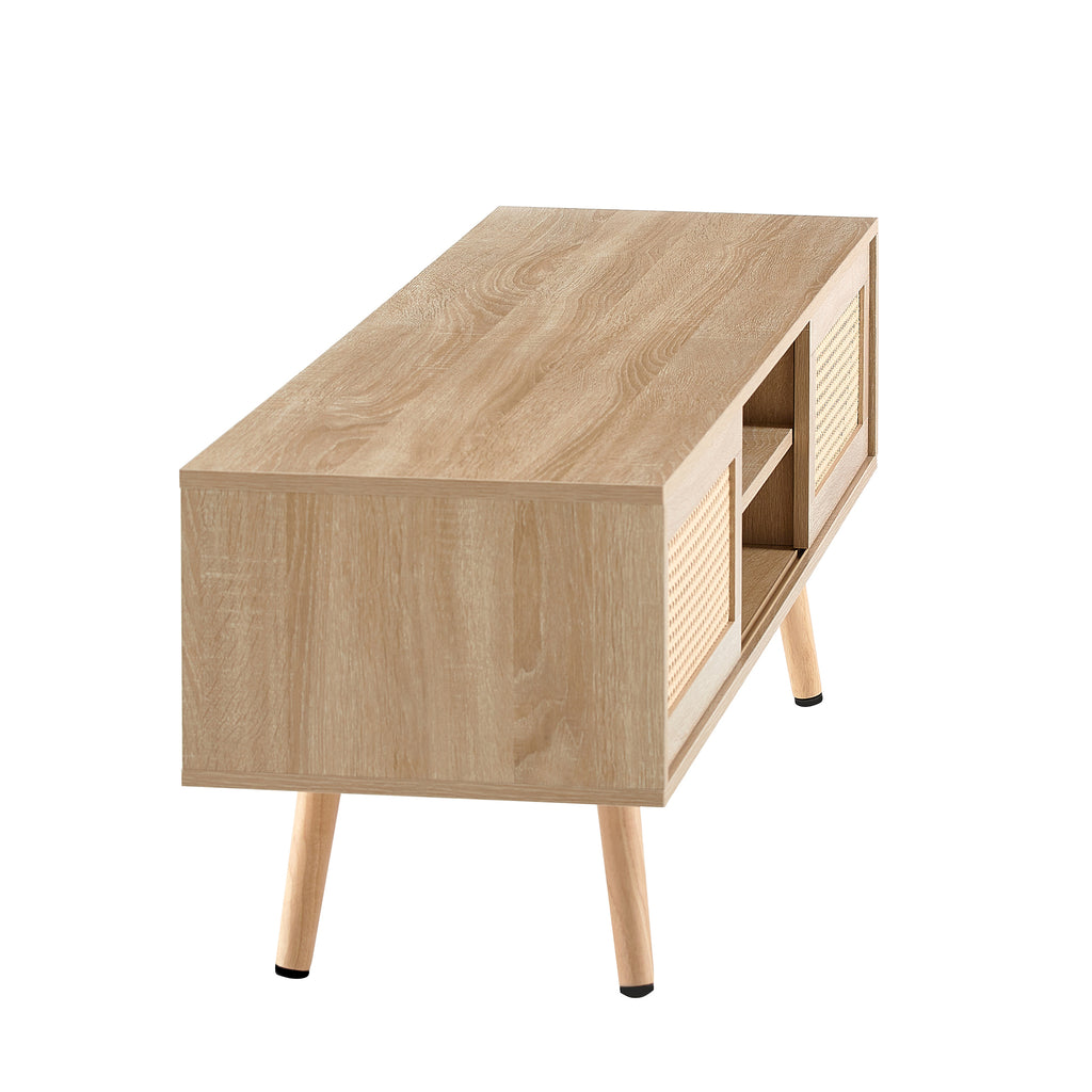 Natural Rattan TV Cabinet with Double Sliding Doors, Adjustable Shelf, Solid Wood Legs, 55.12 Inches - Grand Goldman Shop