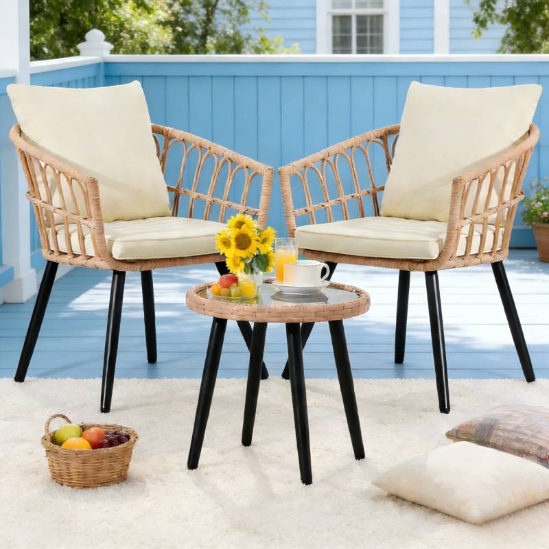 3 Piece Patio Bistro Set, Outdoor Wicker Apartment Balcony Furniture Sets, Rattan Table and Chairs Set of 2 for Porch Backyard Lawn Poolside Deck, Beige