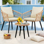3 Piece Patio Bistro Set, Outdoor Wicker Apartment Balcony Furniture Sets, Rattan Table and Chairs Set of 2 for Porch Backyard Lawn Poolside Deck, Beige