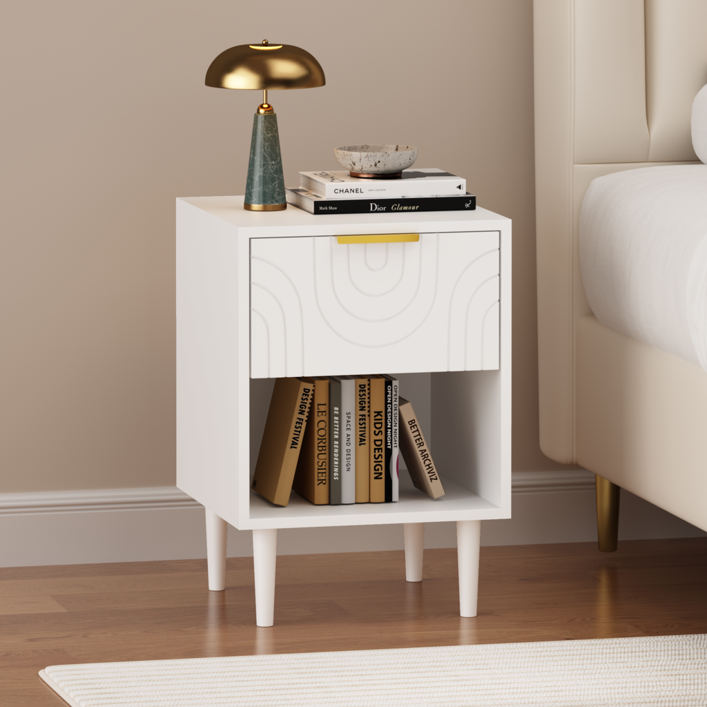 Modern White Nightstand with One Drawer and Open Shelf, Gold-Accented Handle, 22.83'' H, MDF, White - Grand Goldman Shop