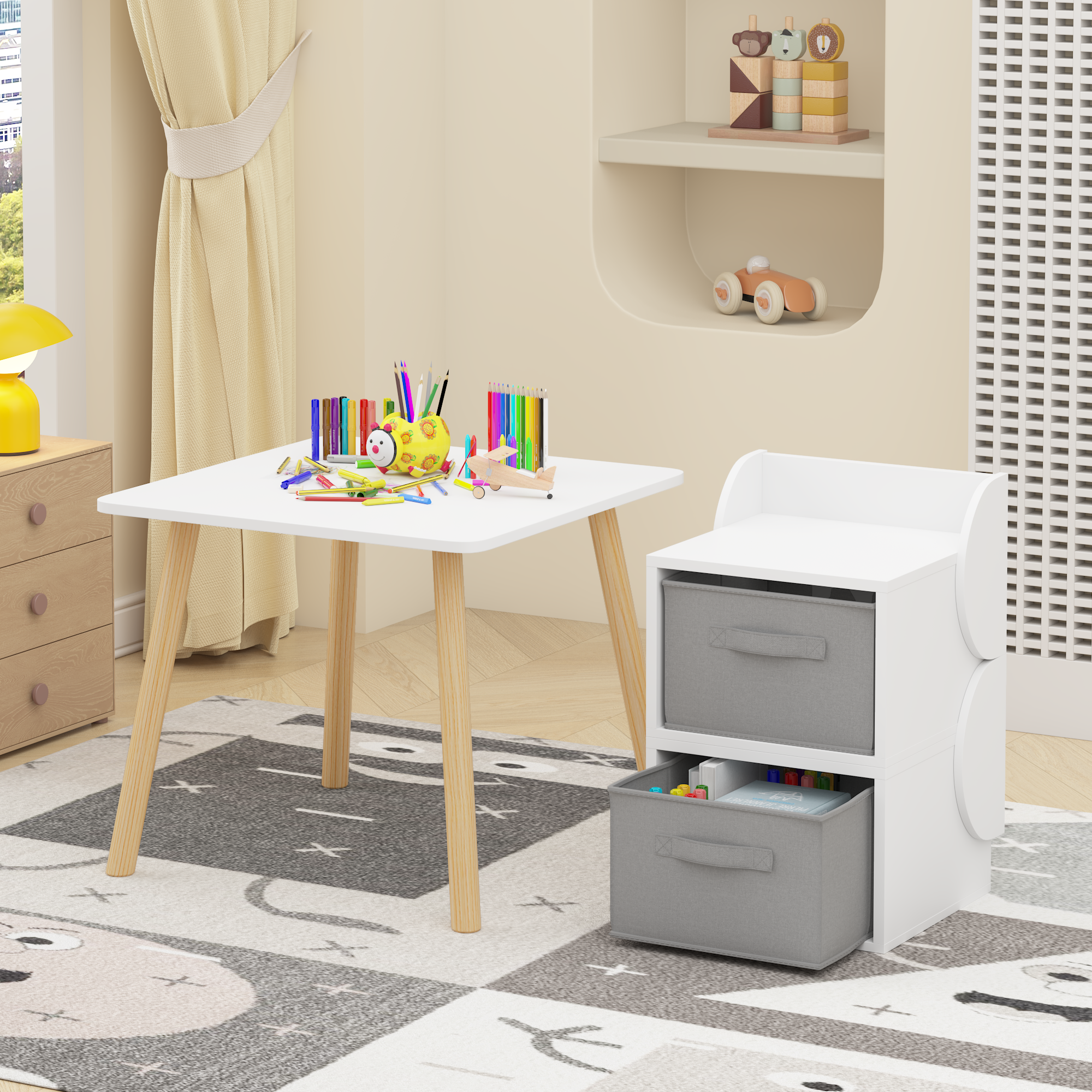 Kids Table and 2 Chair Set with Storage Bins, 3-Piece Toddler Activity Play Table for Arts & Crafts, Reading, Drawing, Wooden