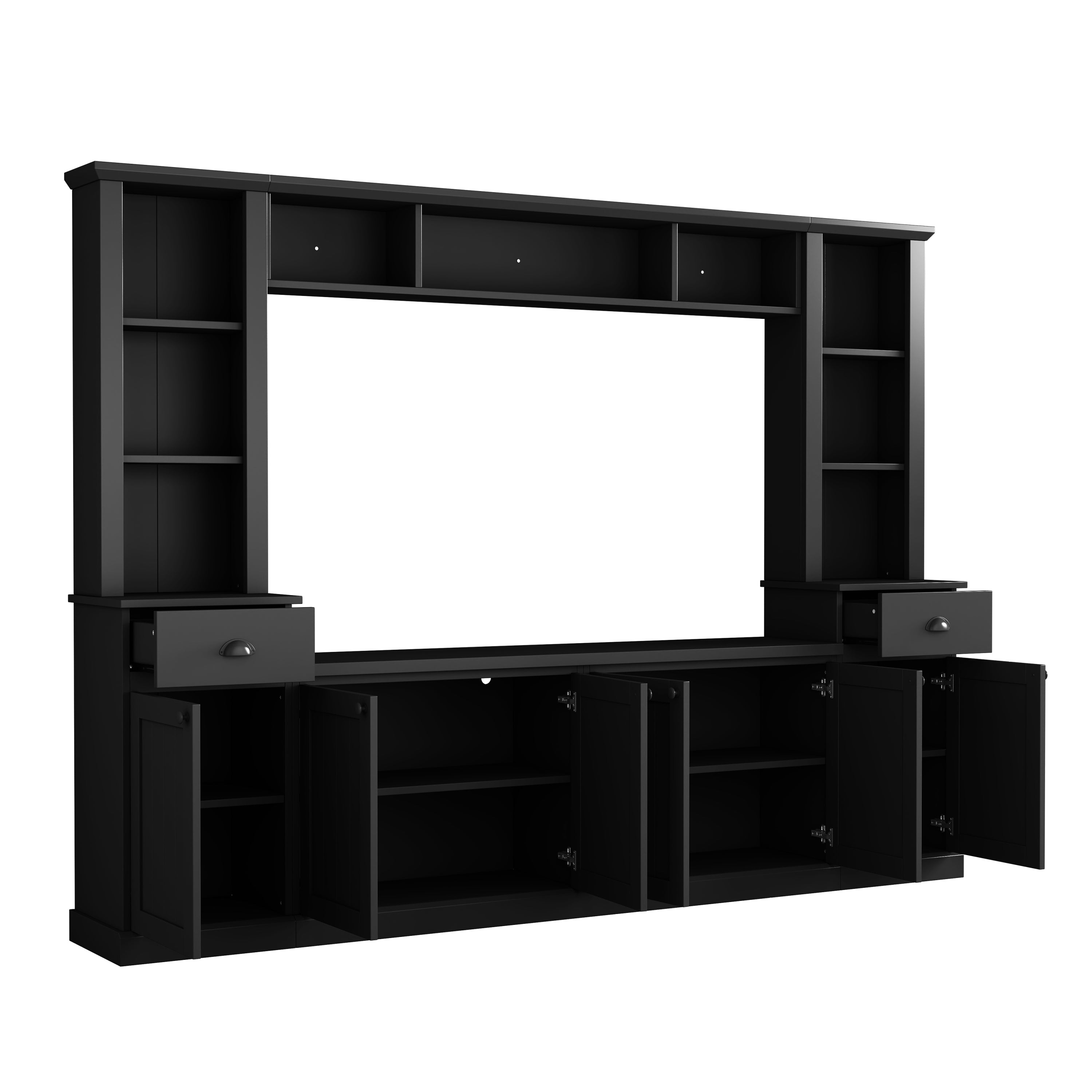 Minimalist Entertainment Wall Unit Set with Bridge for TVs Up to 75'', Ample Storage Space TV Stand with Adjustable Shelves, Modernist Large Media Console for Living Room, Black - Grand Goldman Shop