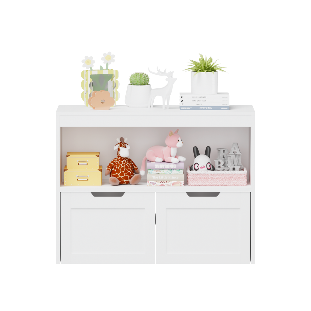 White Book Organizer with Large Drawers and Open Shelves, MDF Toy Storage Cabinet with Removable Wheels and Rounded Edges | P
