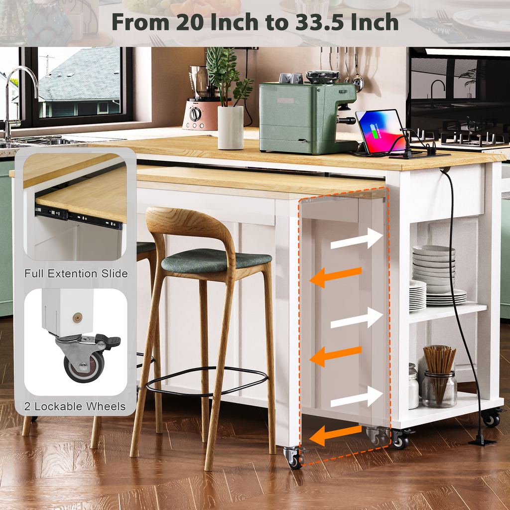 K&K 47 inch Kitchen Island with Extendable Dining Table, Rubber Wood Veneer Kitchen Table with Internal Storage Rack, Power Outlet, Kitchen island with Storage 2 Drawers 2 Cabinet,White - Grand Goldman Shop