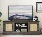 Farmhouse Rattan TV Stand Console Table for TVs up to 70 Inches, TV Console Table with 2 Storage Shelves, 2 Natural Rattan Door Cabinets, 65'W*15.55'D*23.86'H, Gray - Grand Goldman Shop