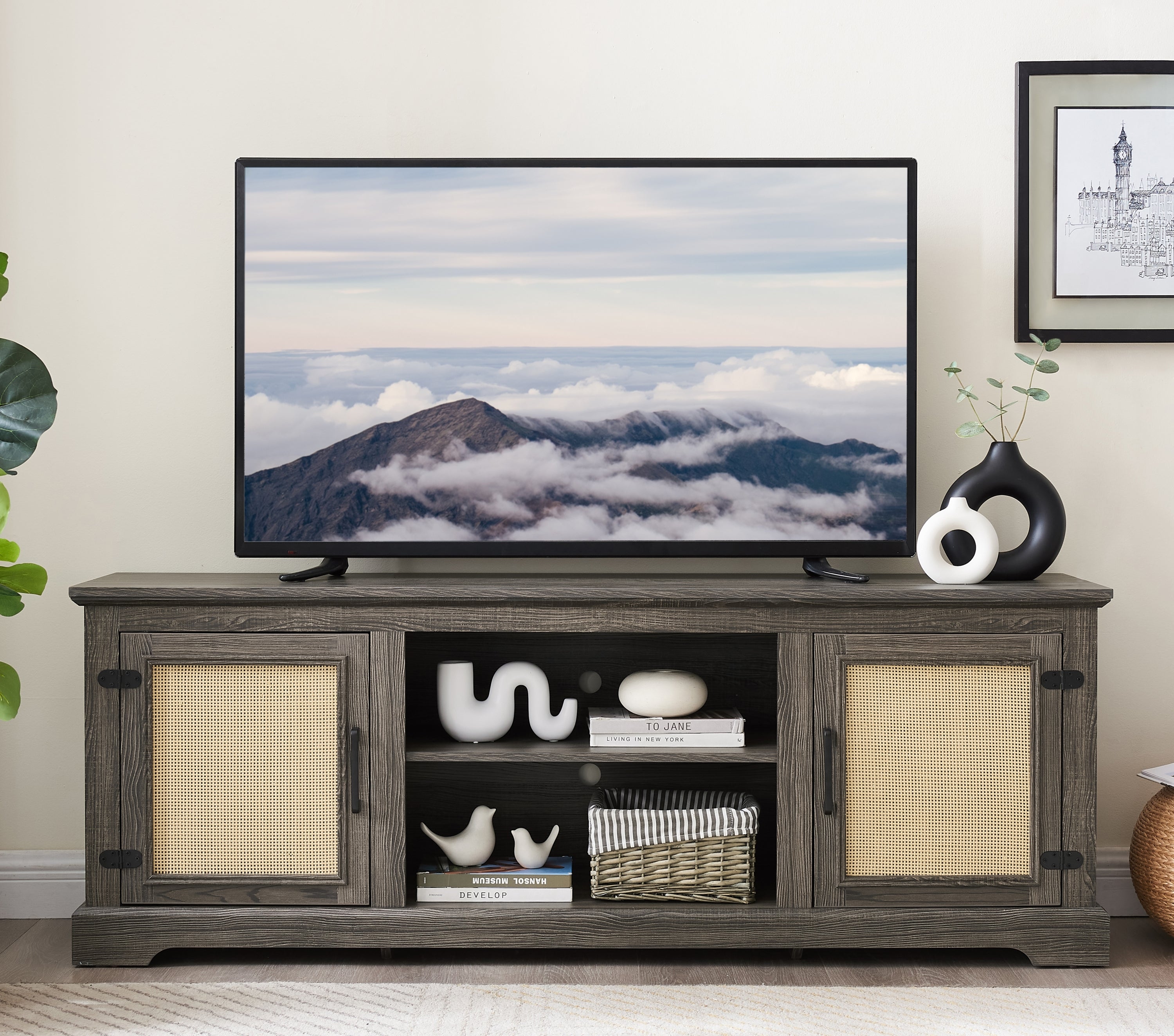 Farmhouse Rattan TV Stand Console Table for TVs up to 70 Inches, TV Console Table with 2 Storage Shelves, 2 Natural Rattan Door Cabinets, 65'W*15.55'D*23.86'H, Gray - Grand Goldman Shop