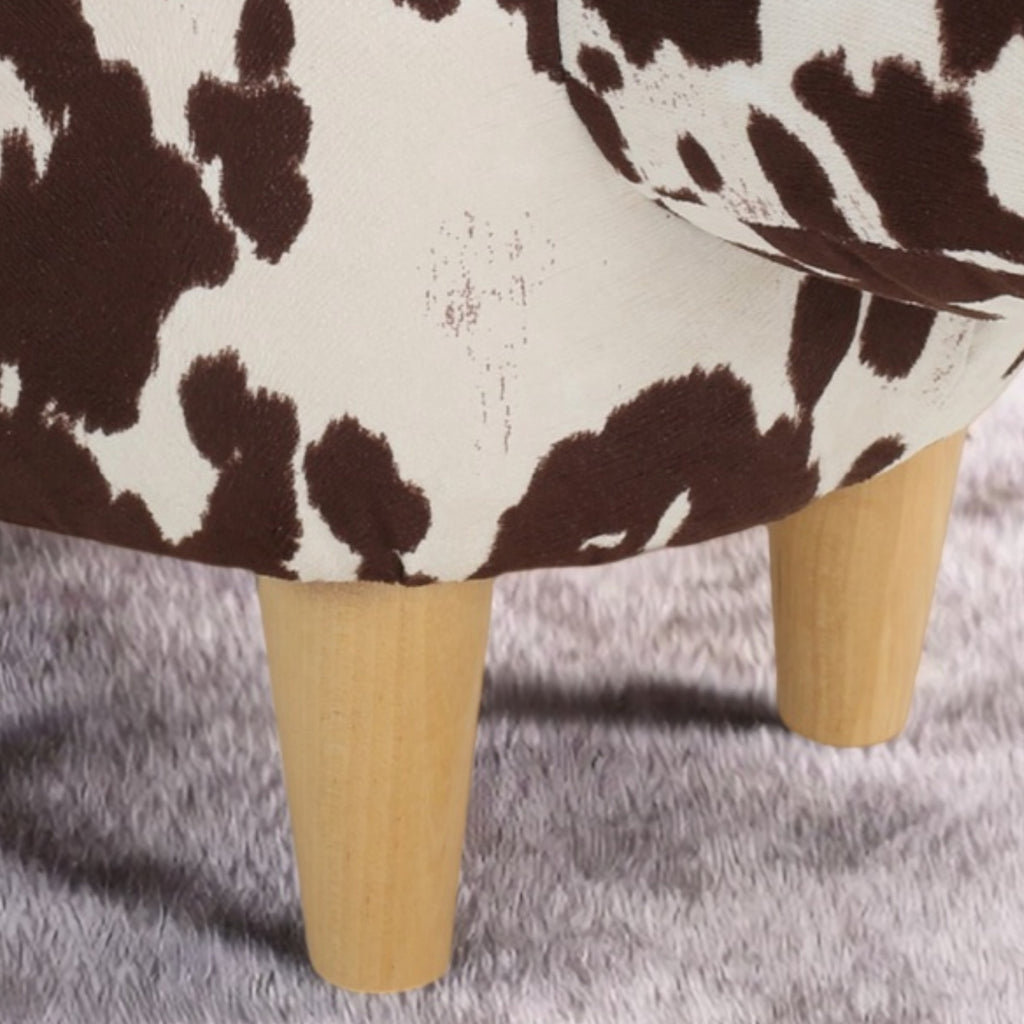 Cow-Shaped Modern Ottoman Footstool in Brown and White Fabric with Velvet Horns, Birch Legs, 25.25 x 14.00 x 16.75 inches - Grand Goldman Shop