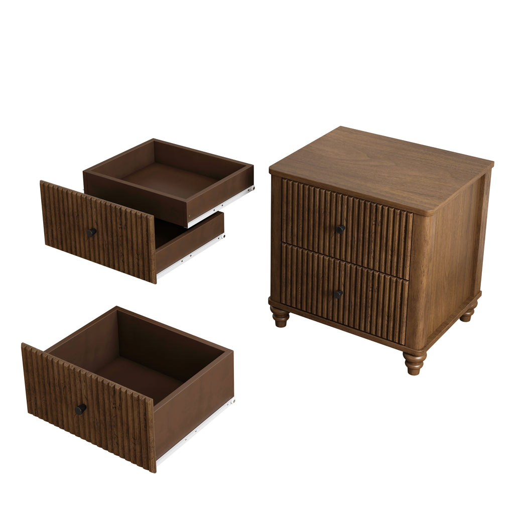 Mid Century Modern Fluted Nightstand 2-Piece Set, 21.65' Wide Wooden Bedside Table with 3 Drawers, Walnut Finish - Grand Goldman Shop