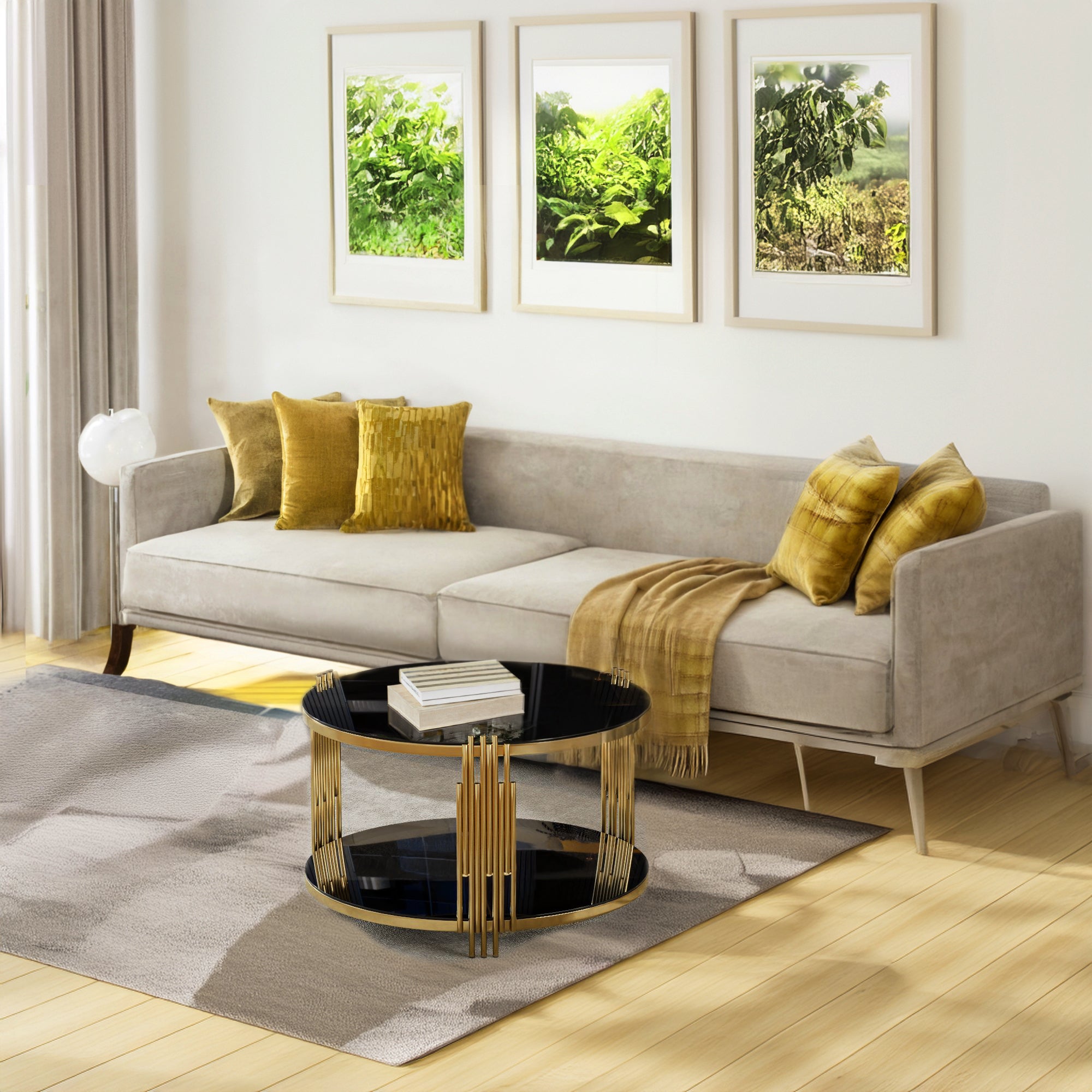 Modern Black Mirror Coffee Table, Asymmetrical Metal, Circular Metal Drum Base, Gold Finish & Lower Shelf - Grand Goldman Shop
