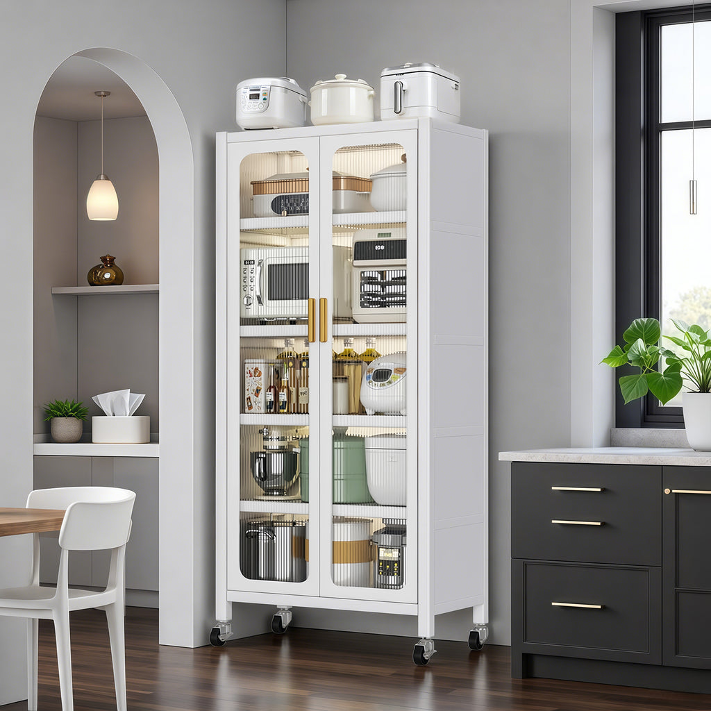 65'  Metal 6-Tier Storage Cabinet with Transparent Door, Adjustable Shelves & Wheels, for Kitchen Pantry Organization, White Metal - Grand Goldman Shop