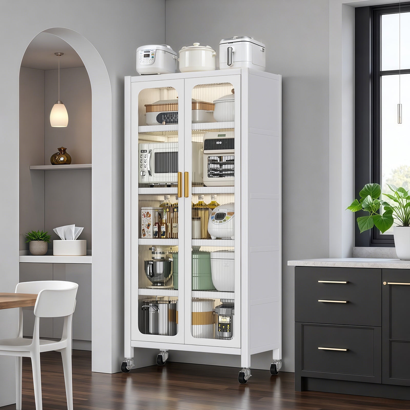 65'  Metal 6-Tier Storage Cabinet with Transparent Door, Adjustable Shelves & Wheels, for Kitchen Pantry Organization, White Metal - Grand Goldman Shop