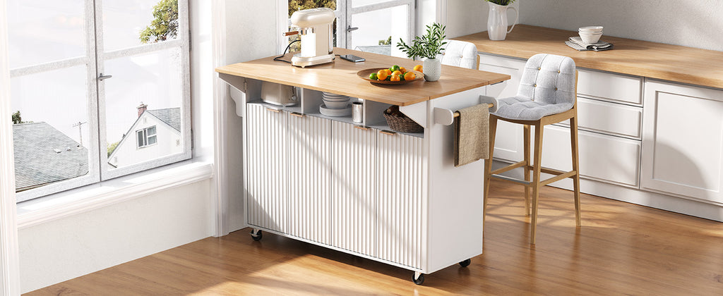K&K 55.5' Fluted Kitchen Island with 2 Drop Leaf, Kitchen Storage Cart with Power Outlet, 4 Doors, Spice rack, Rolling Island Table with Wood-grain Top, Curved Edge for Kitchen, Dining Room,White - Grand Goldman Shop