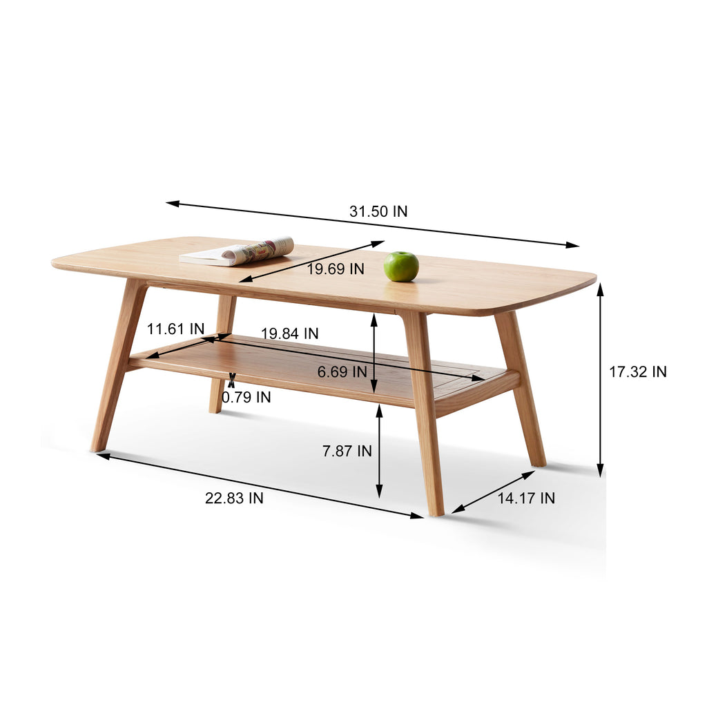 Natural Wood Center Table Low Table with Storage Shelf, Solid Wood Top, Easy to Assemble, 31.5'' - Grand Goldman Shop