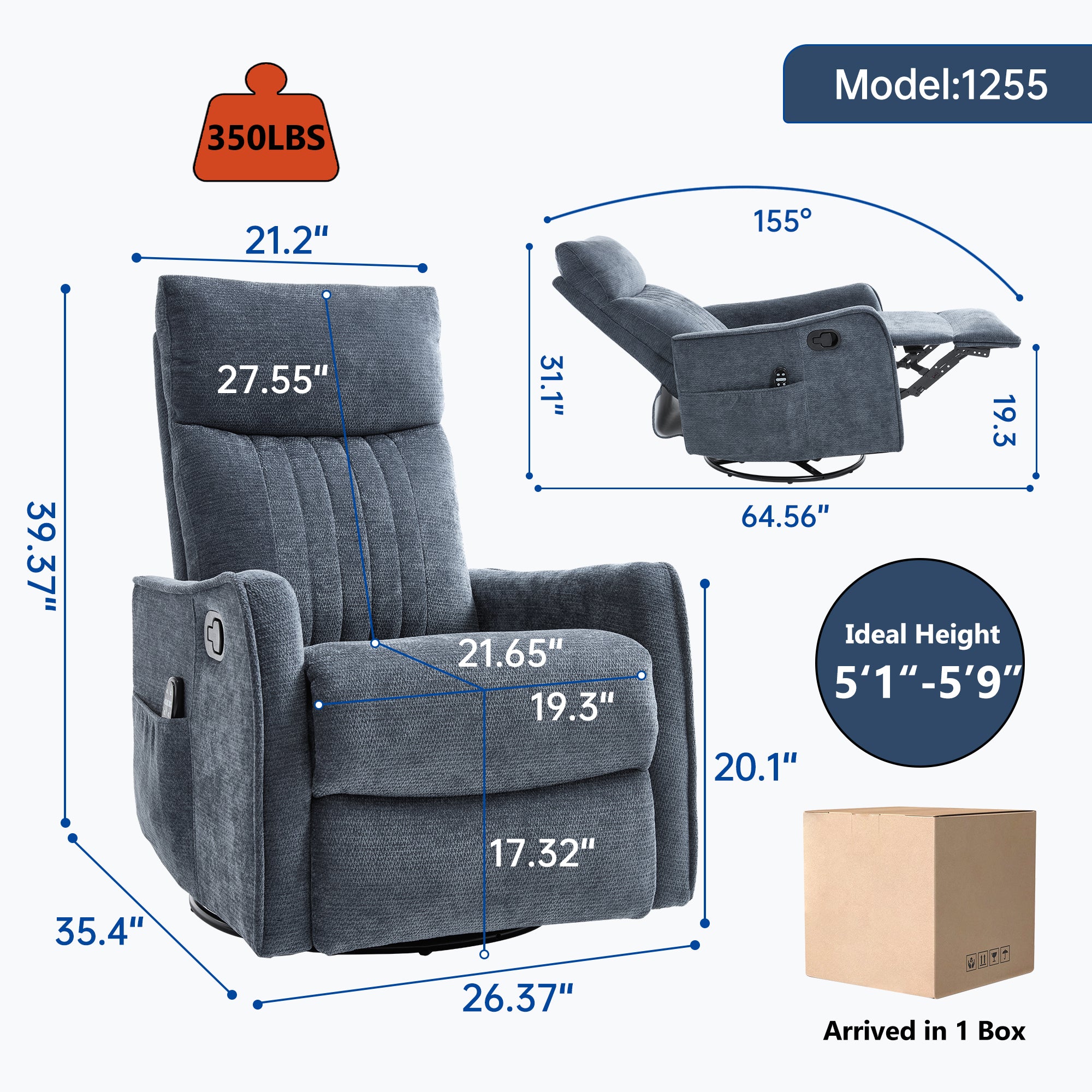 Blue Heat Massage Manual Recliner Chair with Rocker and Swivel in Fabric for Living Room - Grand Goldman Shop