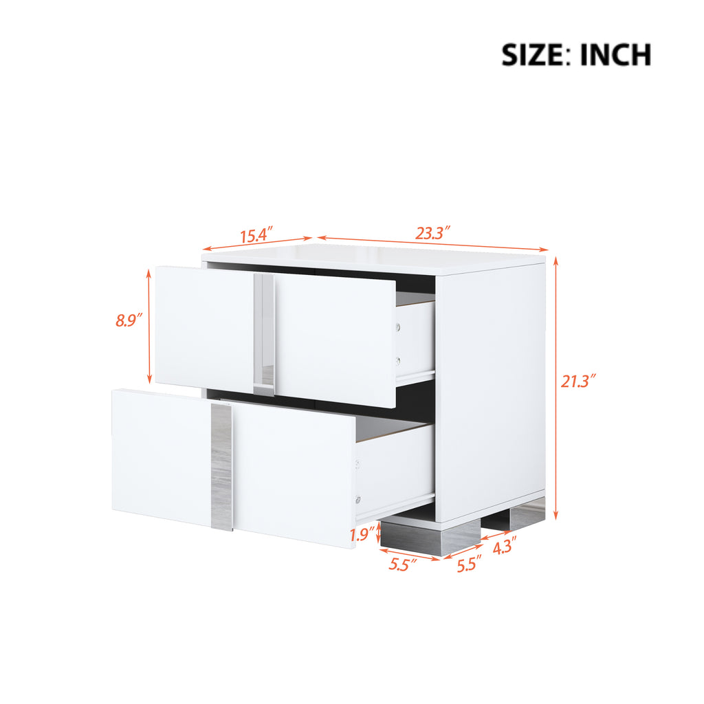 Elegant Nightstand with Metal Foot, Mirrored Bedside Table with 2 Drawers for Bedroom, Living Room, White (Old SKU: WF319353AAK) - Grand Goldman Shop