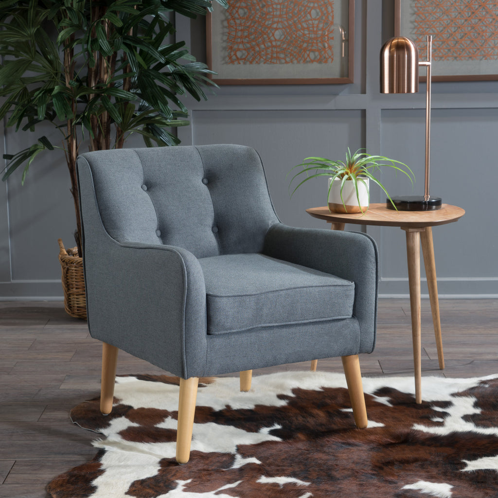Mid-Century Modern Arm Chair in Charcoal Fabric with Tufted Back and Wooden Legs - Grand Goldman Shop