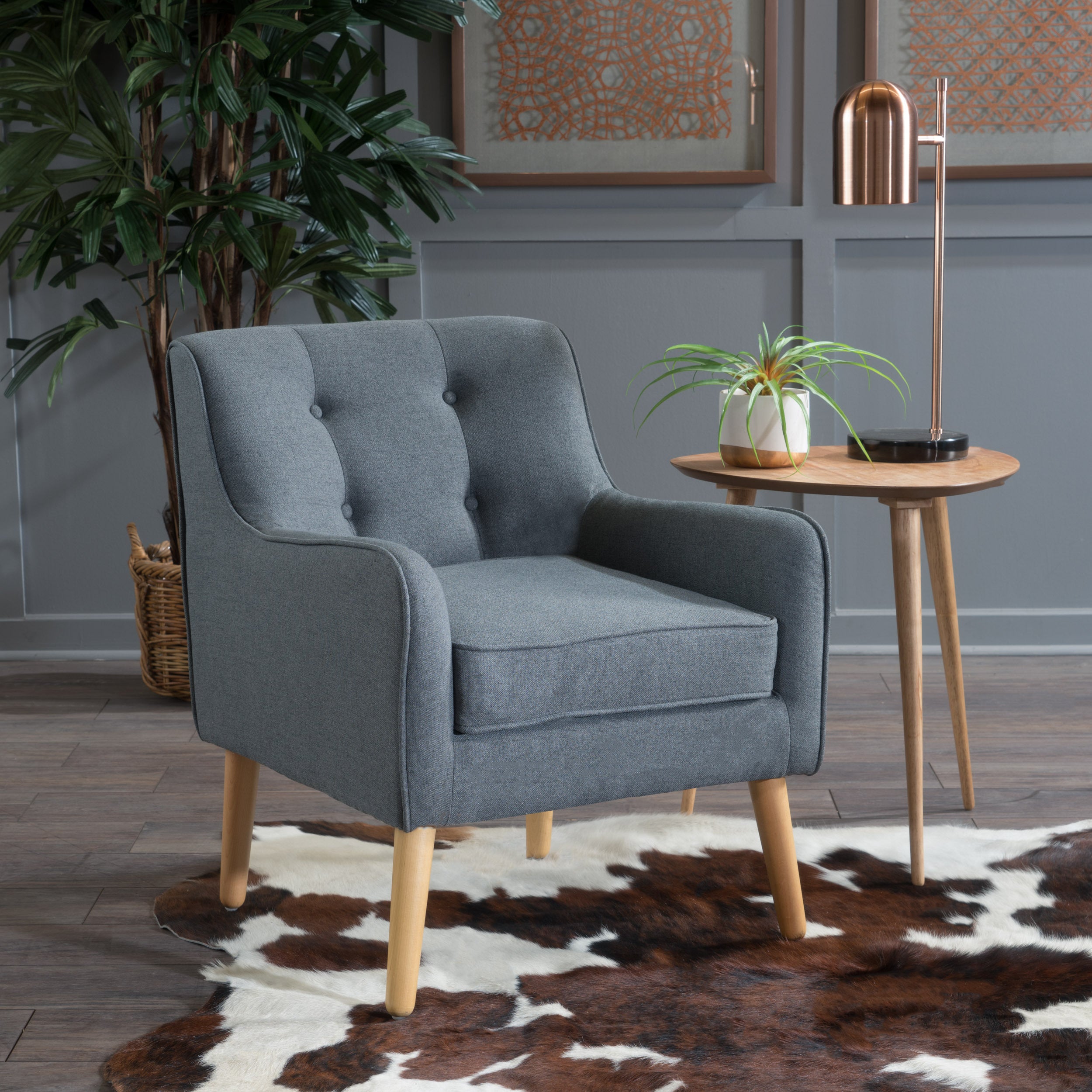 Mid-Century Modern Arm Chair in Charcoal Fabric with Tufted Back and Wooden Legs - Grand Goldman Shop