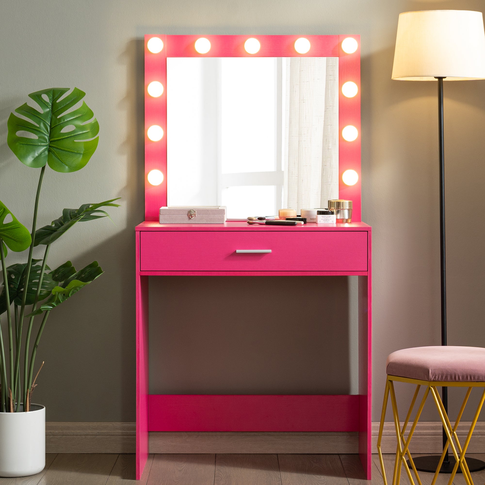 Vanity Desk with Mirror and Lights, Dressing Table with Large Drawer, 1 Level Storage Dresser & 3 Lighting Modes Adjustable Brightness, Suitable for Bedroom(Pink) - Grand Goldman Shop