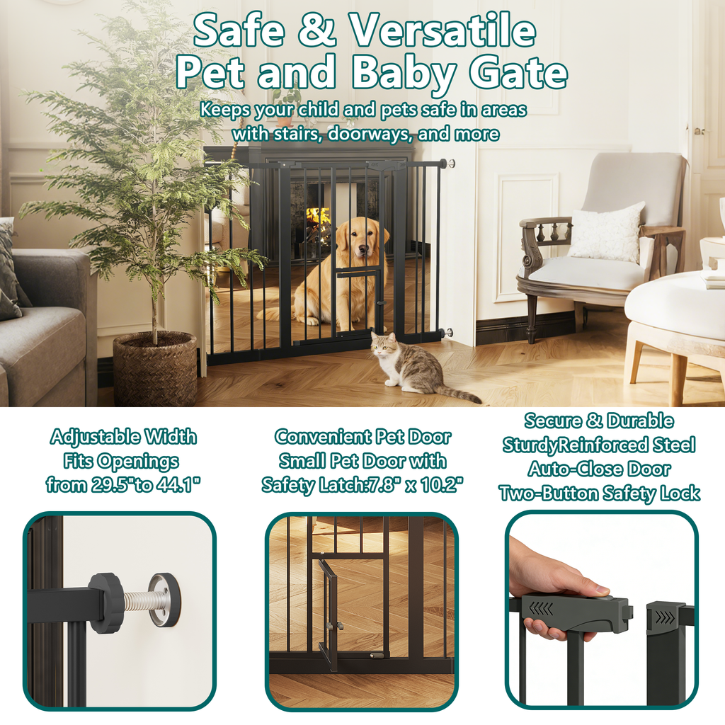 Baby Gate with Cat Door, 29.5-44.1' Metal Pet Door for Stairs & Doorways,Pressure Mounted,No Tools Needed, Black | Premium Ho