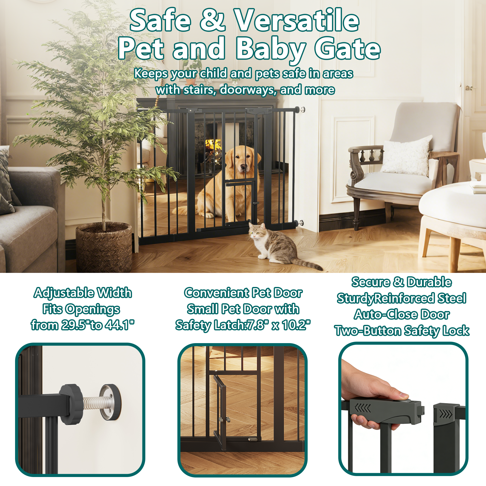 Baby Gate with Cat Door, 29.5-44.1' Metal Pet Door for Stairs & Doorways,Pressure Mounted,No Tools Needed, Black | Premium Ho