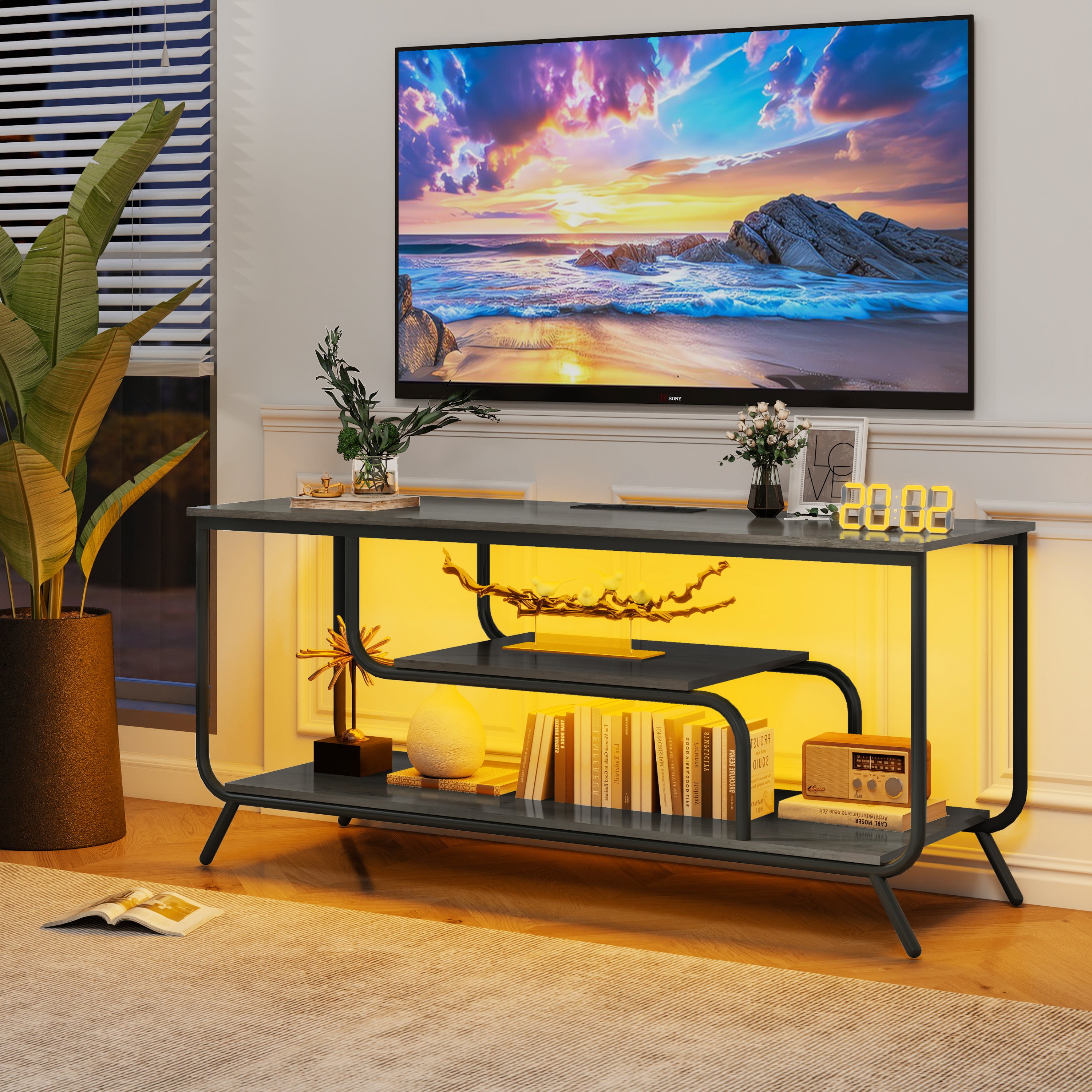 There are installation videos and scene videos. TV socket and LED light - TV stand TV up to 55 ', small unit modern TV console suitable for living room and bedroom, light grey - Grand Goldman Shop