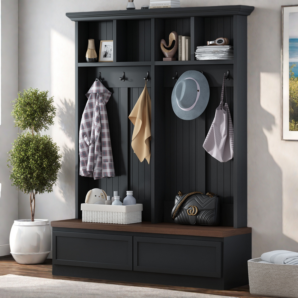 Farmhouse 4-in-1 Hall Tree with Wood Grain Bench, Mudroom Versatile Coat Rack with 2 Large Drawer, Entrance Organizer for Hallway, Living Room, Black, 55.9'W (OLD SKU: N721P313099B) - Grand Goldman Shop