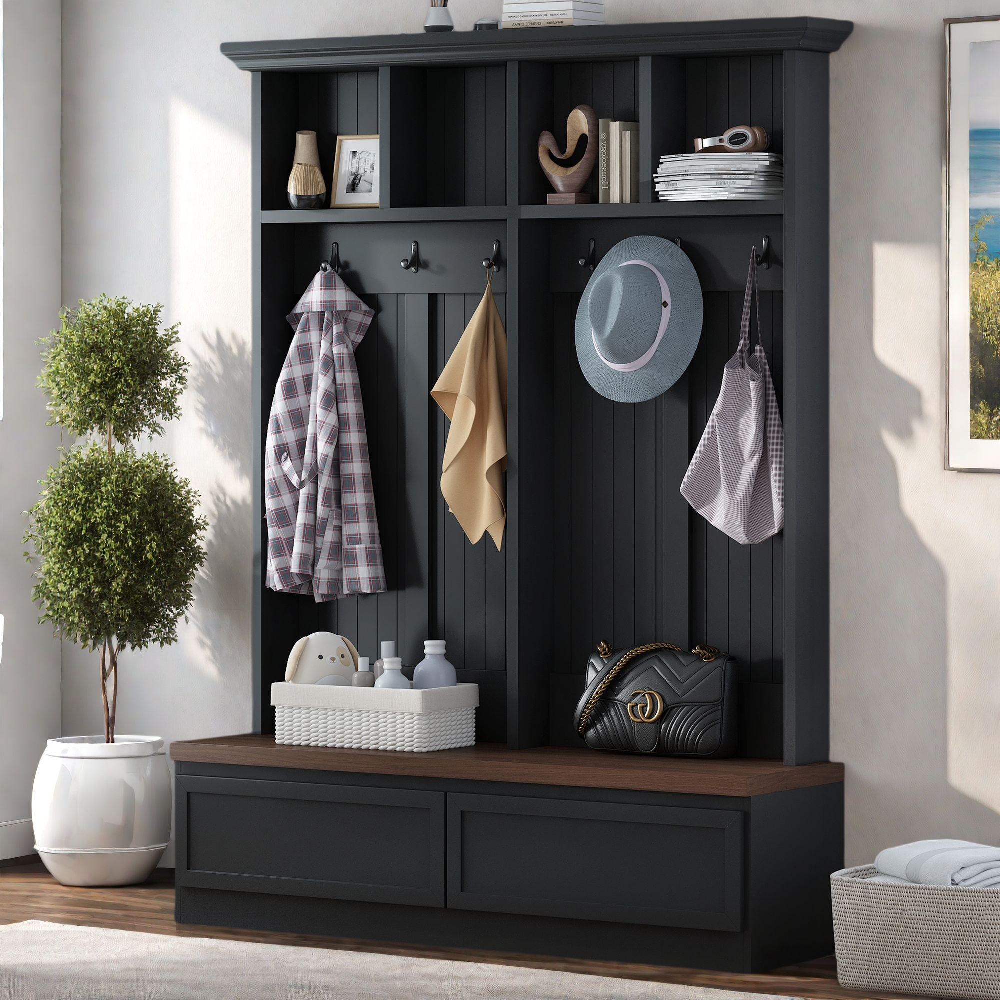 Farmhouse 4-in-1 Hall Tree with Wood Grain Bench, Mudroom Versatile Coat Rack with 2 Large Drawer, Entrance Organizer for Hallway, Living Room, Black, 55.9'W (OLD SKU: N721P313099B) - Grand Goldman Shop