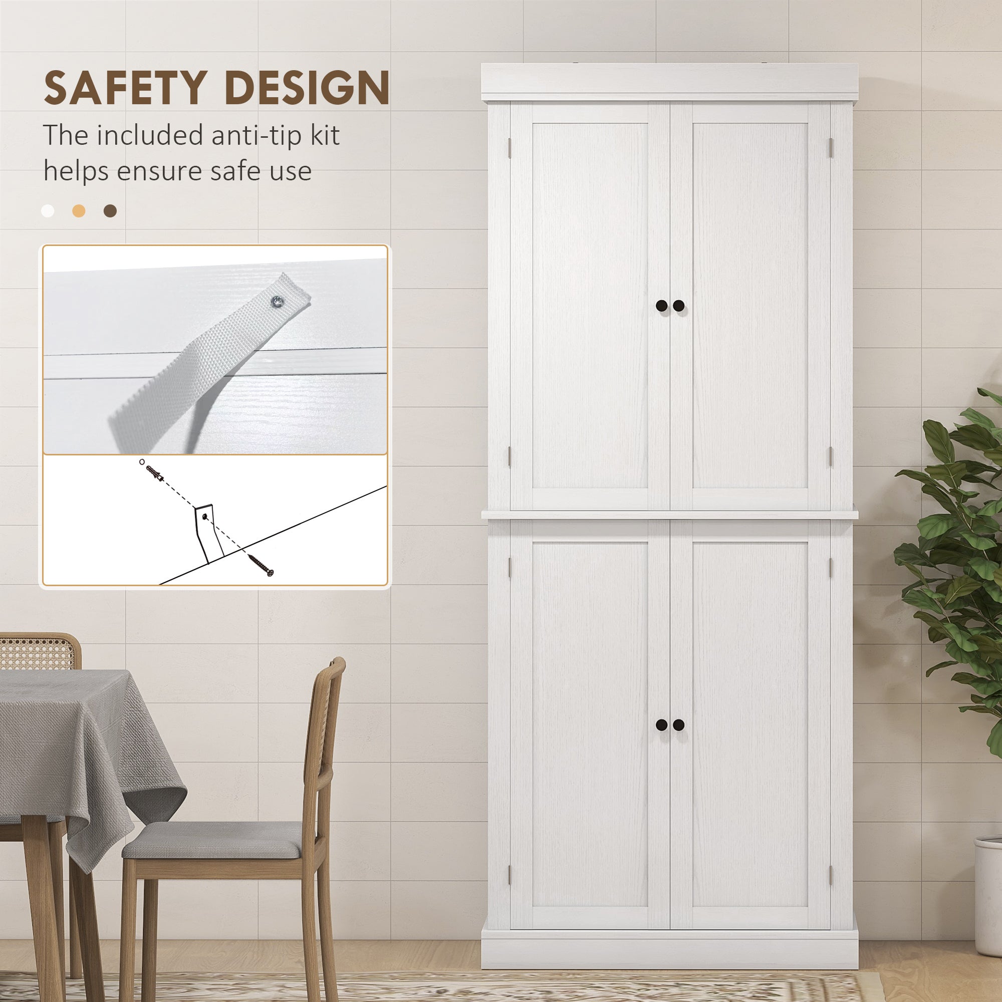 HOMCOM 72.5' Freestanding Kitchen Pantry Cabinet, Tall Storage Cabinet with 4 Doors and 2 Adjustable Shelves for Dining Room, White Wood Grain - Grand Goldman Shop