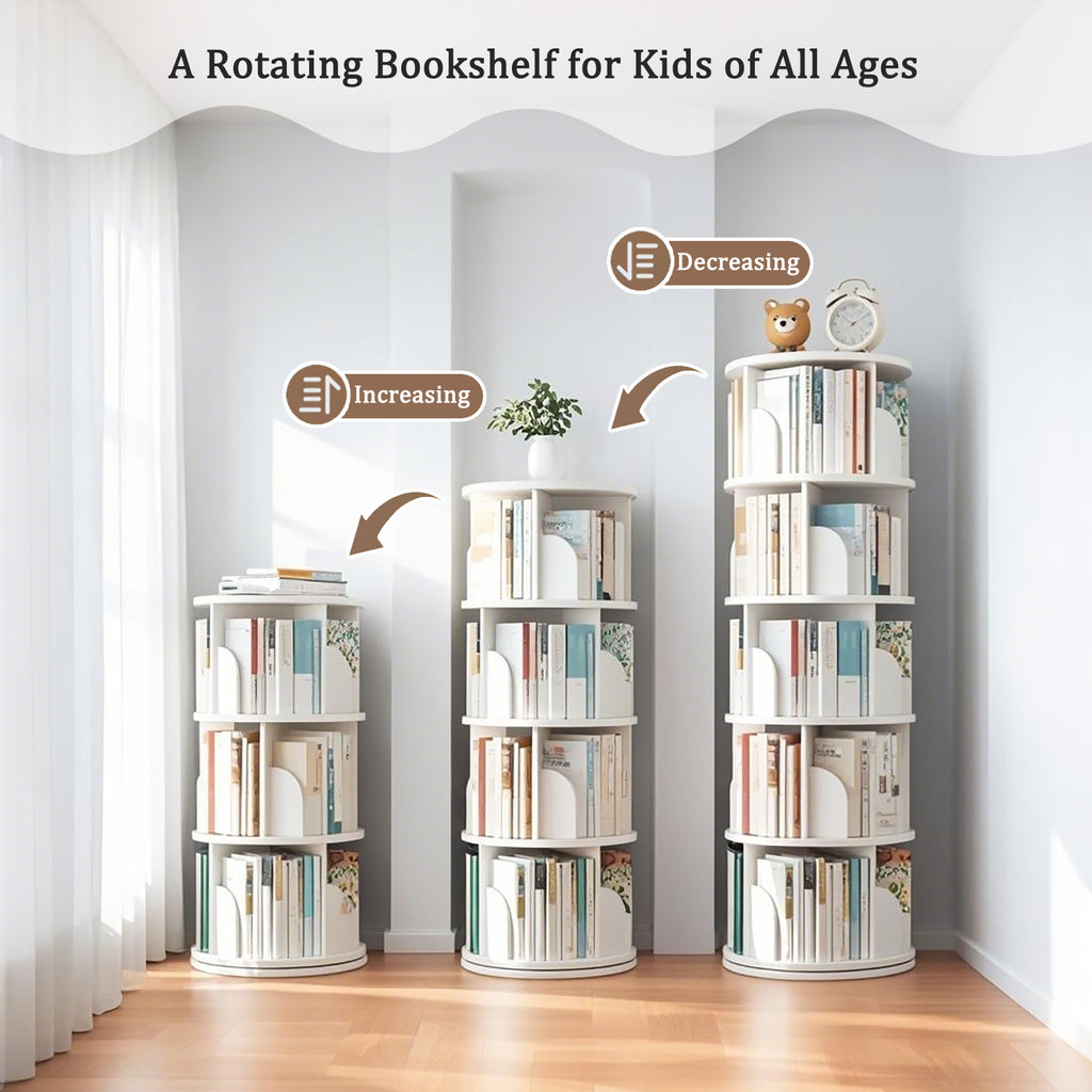 5 Tier Rotating Bookshelf, 360° Display Round Spinning Bookshelf, Space-Saving, Small Space Rotating Bookshelf Tower for Bedroom, Living Room, Home, Office, Warm White - Grand Goldman Shop
