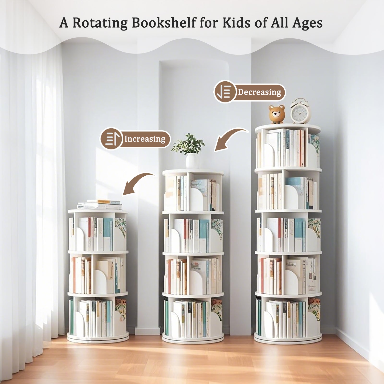 5 Tier Rotating Bookshelf, 360° Display Round Spinning Bookshelf, Space-Saving, Small Space Rotating Bookshelf Tower for Bedroom, Living Room, Home, Office, Warm White - Grand Goldman Shop