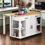 K&K 47 inch Kitchen Island with Extendable Dining Table, Rubber Wood Veneer Kitchen Table with Internal Storage Rack, Power Outlet, Kitchen island with Storage 2 Drawers 2 Cabinet,White - Grand Goldman Shop