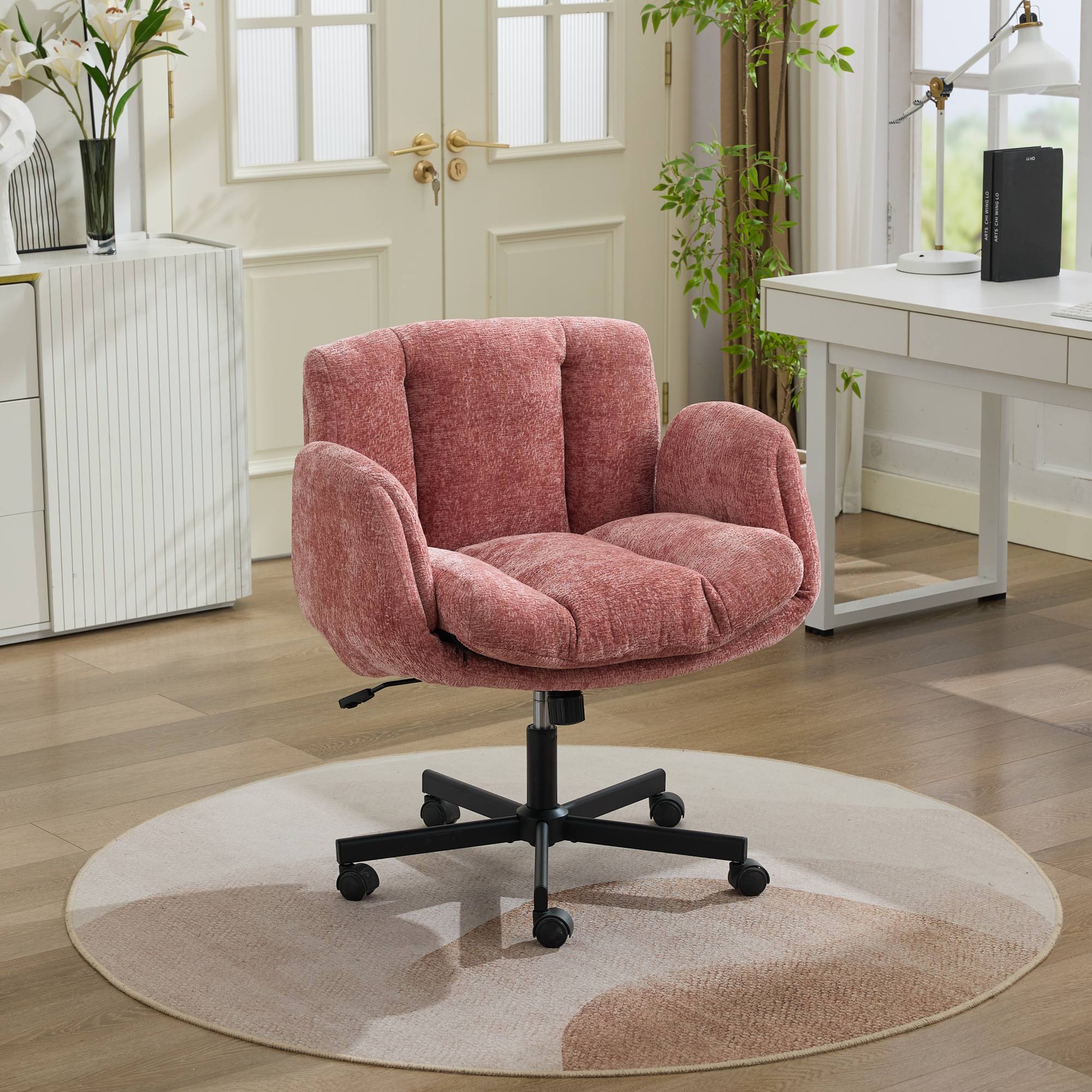 Modern Chenille Swivel Office Chair, Height Adjustable Task Chair with Convertible Multi-Position Armrests, Comfy Double Cush