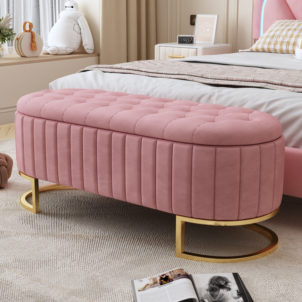 Elegant Upholstered Velvet Storage Ottoman with Button-Tufted,Storage Bench with Metal Legs for Bedroom,Living Room,Fully Assembled Except Legs,Pink - Grand Goldman Shop