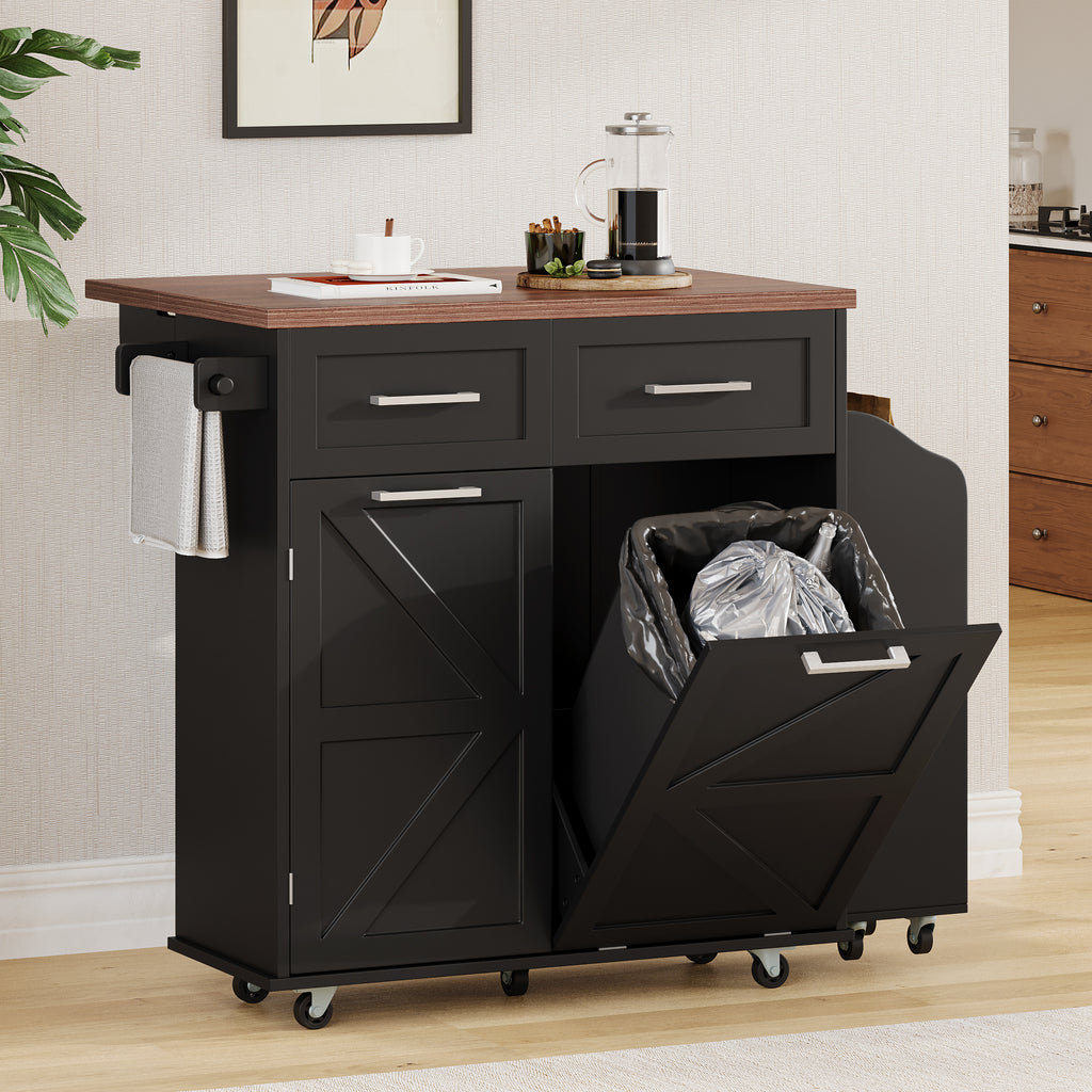 K&K 47.2' Farmhouse Kitchen Island with Drop Leaf, Kitchen Storage Island with Removable Side Racks, Two Drawers, Rolling Kitchen Cart on Wheels with Towel Rack, for Home, Kitchen, Dining Room, Black - Grand Goldman Shop