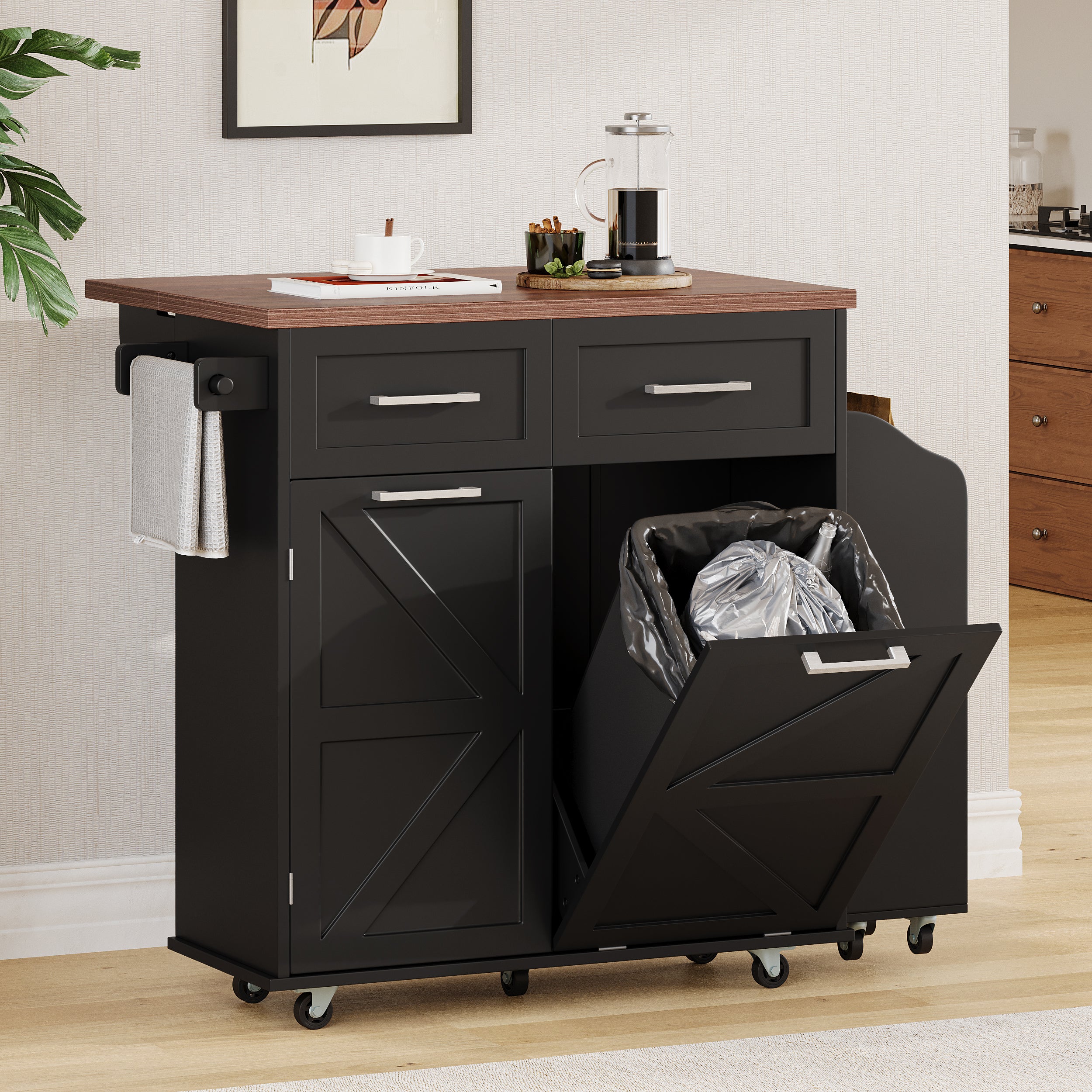K&K 47.2' Farmhouse Kitchen Island with Drop Leaf, Kitchen Storage Island with Removable Side Racks, Two Drawers, Rolling Kitchen Cart on Wheels with Towel Rack, for Home, Kitchen, Dining Room, Black - Grand Goldman Shop