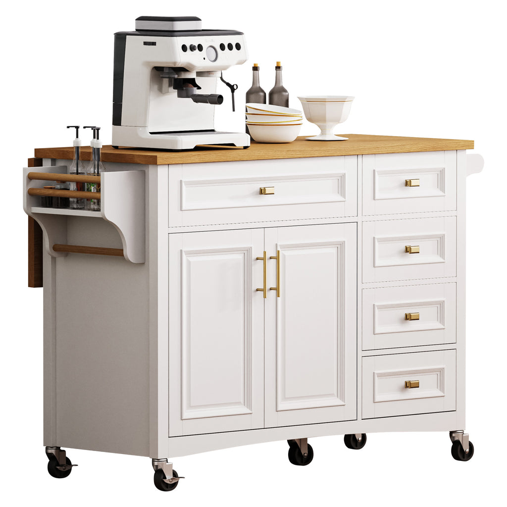 K&K 52'' Kitchen Island with Drop Leaf, Embossed Texture Kitchen Island on Wheels with Spice Rack, Towel Rack, 2 Doors and 5 Drawers, Kitchen Storage Cart with Adjustable Shelf for Kitchen, White - Grand Goldman Shop