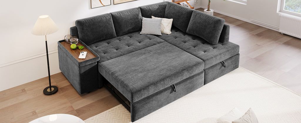Mirod 91.5-Inch L Shaped Couch with Pull Out Bed and Storage Sectional Sleeper Sofa with Hidden Storage , Wide Armrest with storage,for Living Room, Apartment, Bedroom, Office - Grand Goldman Shop