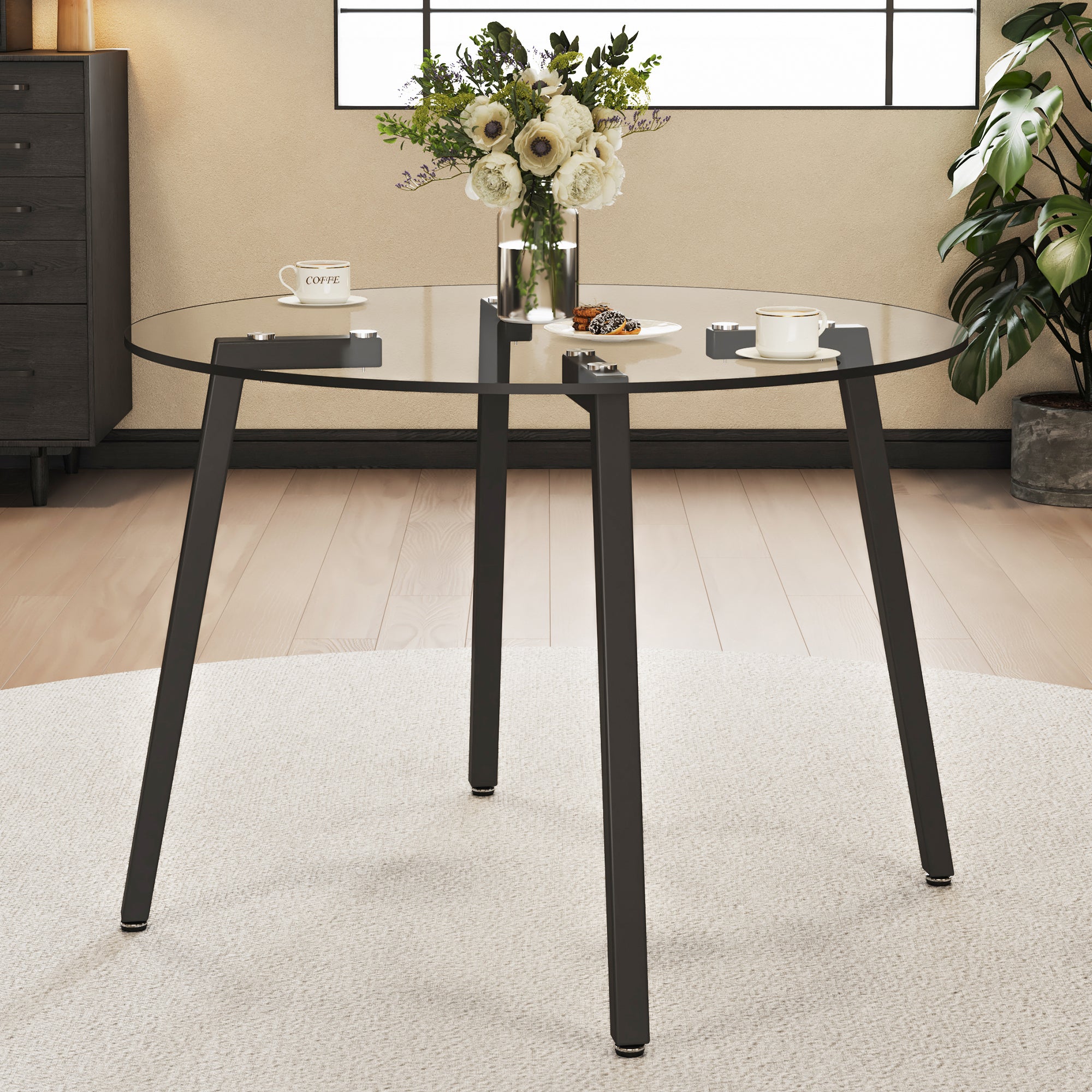 Modern simple style round transparent tempered glass table, tempered glass table top, black metal legs, suitable for kitchen, dining room and living room, 42 '*42' *29.5 '1123r - Grand Goldman Shop
