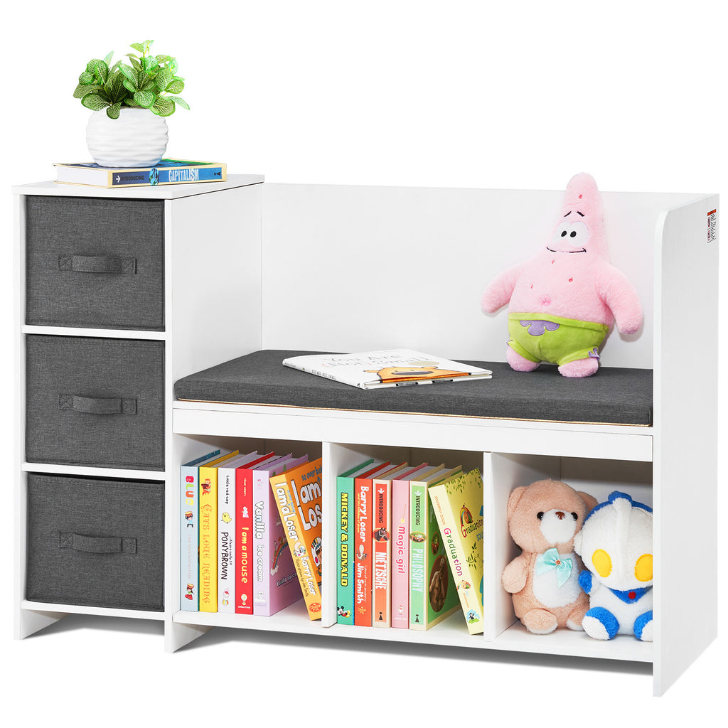Kids Reading Nook Bench, Toddler Bookshelf and Bookcase with Detachable Seat Cushion, 6-Cubby Storage Organizer Bench with 3 