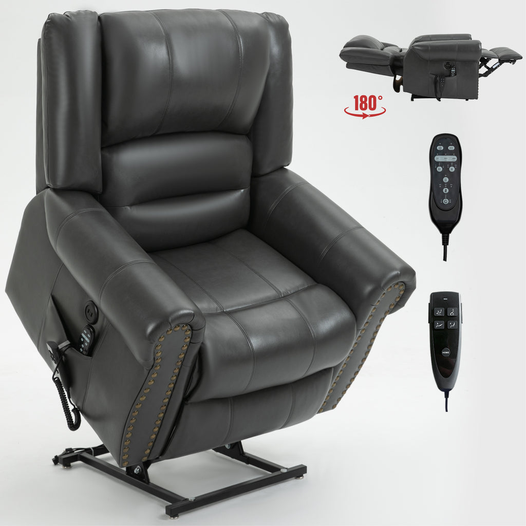 Power Lift Recliner Chair Heat Massage Dual Motor Infinite Position Up to 350 LBS, Faux Leather, Heavy Duty Motion Mechanism with USB Ports, Grey - Grand Goldman Shop