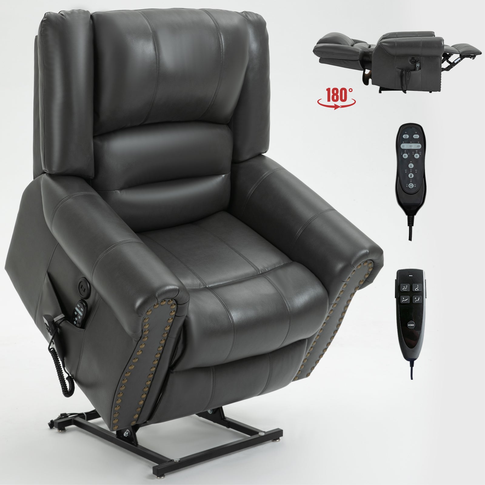 Power Lift Recliner Chair Heat Massage Dual Motor Infinite Position Up to 350 LBS, Faux Leather, Heavy Duty Motion Mechanism with USB Ports, Grey - Grand Goldman Shop