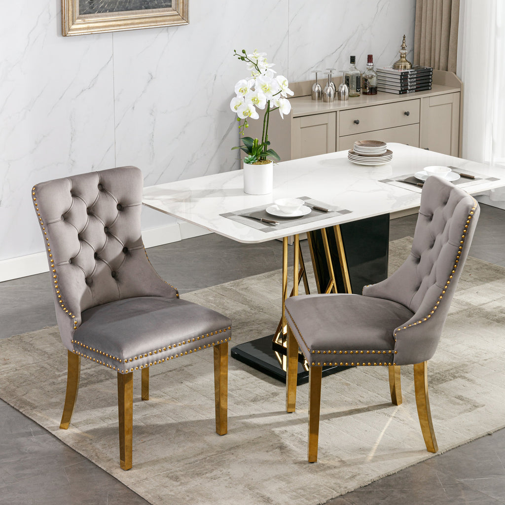 Nikki Collection Modern, High-end Tufted Solid Wood Contemporary Velvet Upholstered Dining Chair with Golden Stainless Steel Plating Legs,Nailhead Trim,Set of 2,Gray and Gold, SW1601GY - Grand Goldman Shop