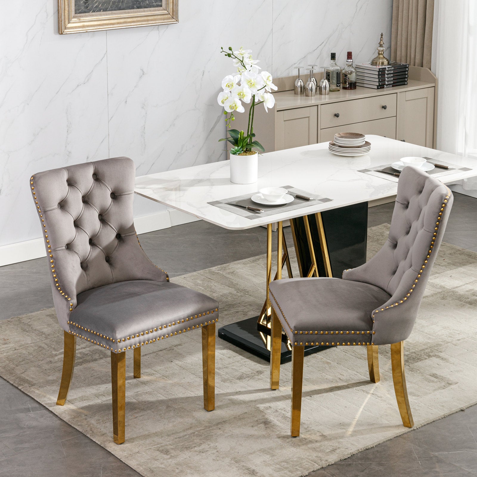 Nikki Collection Modern, High-end Tufted Solid Wood Contemporary Velvet Upholstered Dining Chair with Golden Stainless Steel Plating Legs,Nailhead Trim,Set of 2,Gray and Gold, SW1601GY - Grand Goldman Shop